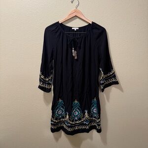 Women’s Medium Kate & Sam Black Embroidered Boho Hippie 3/4 Bell Sleeves Dress